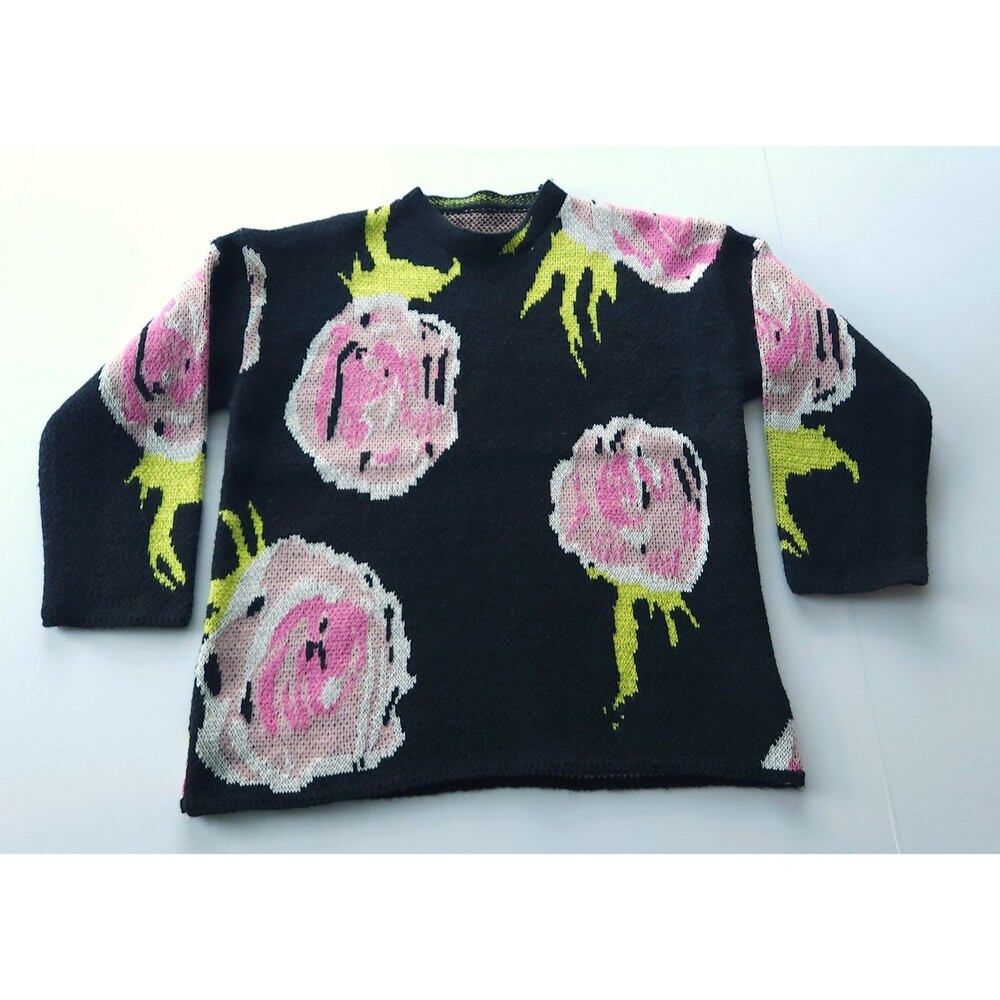 Chunky Oversized Cabbage Rose Knit Black Neon Pink Yellow Floral Sweater Large